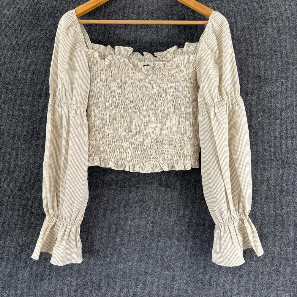 Superdown Revolve Womens Smocked Puff Sleeve Gingham Top Size Large White Tan